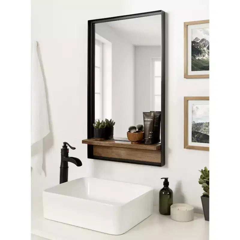 Miroir rectangulaire avec étagère, 20x34, Marron rustique