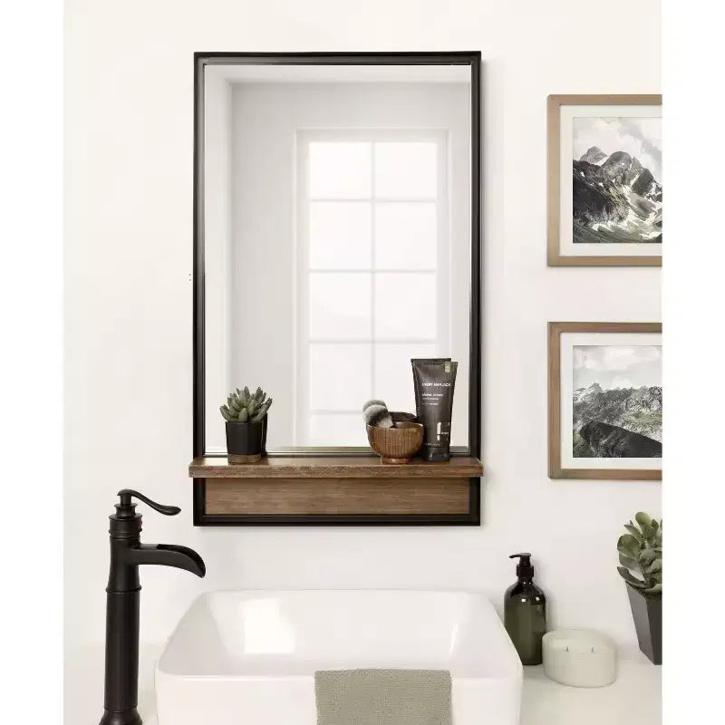Miroir rectangulaire avec étagère, 20x34, Marron rustique