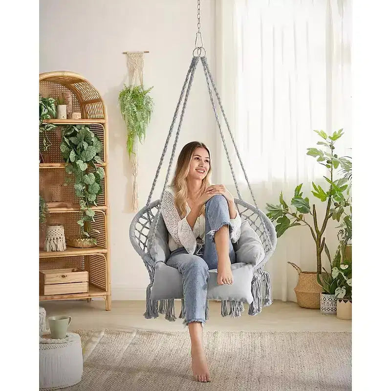 Chaise hamac suspendue avec grand coussin épais, chaise balançoire bohème