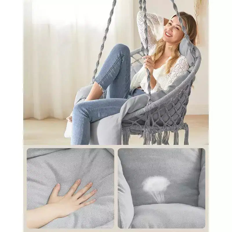 Chaise hamac suspendue avec grand coussin épais, chaise balançoire bohème