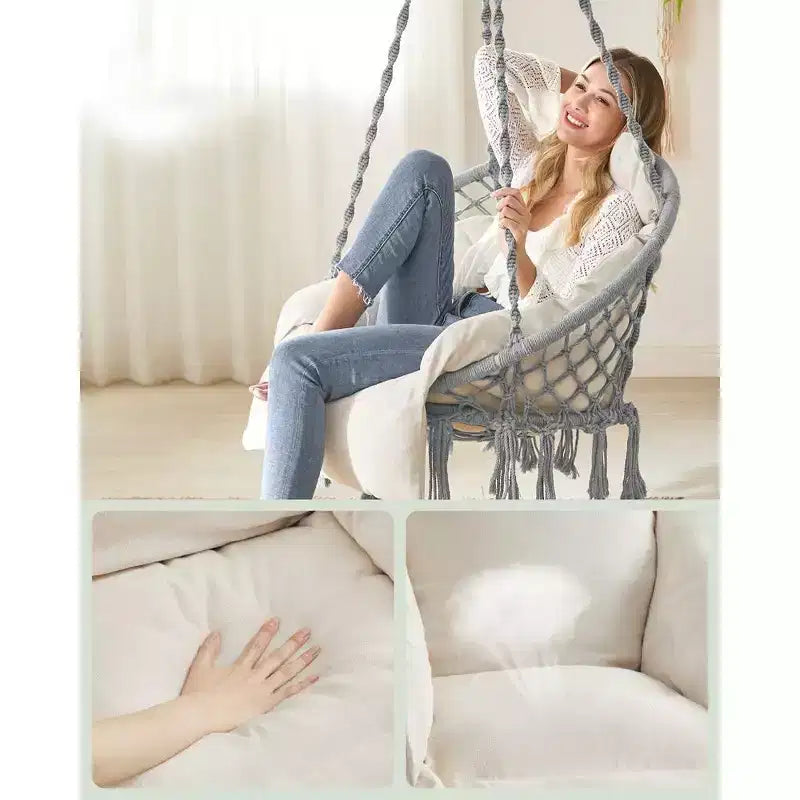 Chaise hamac suspendue avec grand coussin épais, chaise balançoire bohème