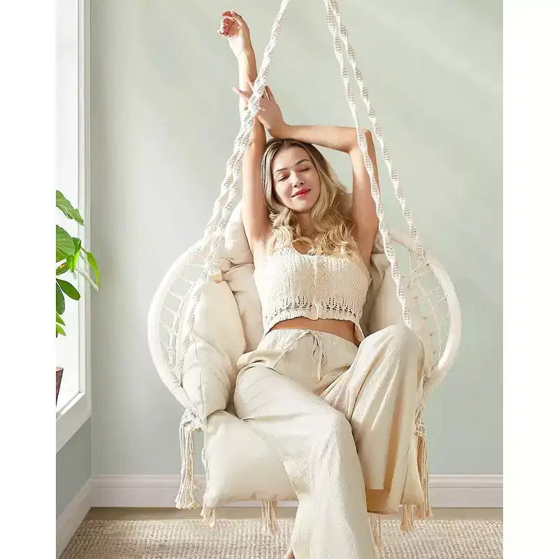 Chaise hamac suspendue avec grand coussin épais, chaise balançoire bohème
