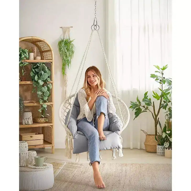 Chaise hamac suspendue avec grand coussin épais, chaise balançoire bohème