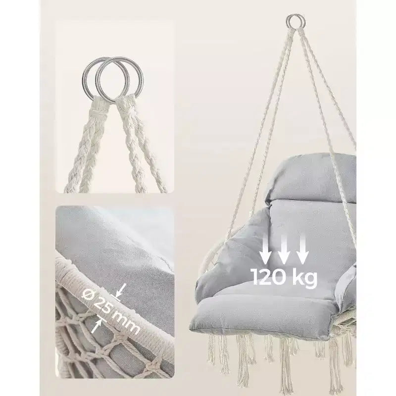 Chaise hamac suspendue avec grand coussin épais, chaise balançoire bohème
