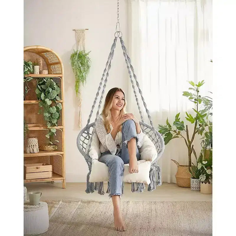 Chaise hamac suspendue avec grand coussin épais, chaise balançoire bohème
