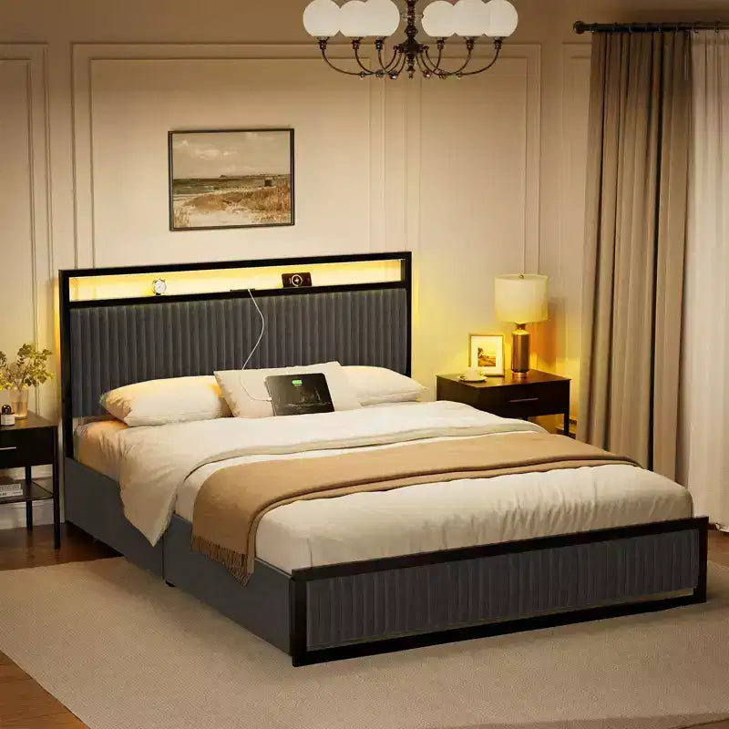 Cadre de lit rembourré avec 2 tiroirs de rangement, tête de lit LED et ports USB, gris foncé