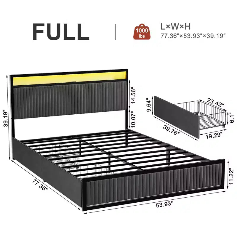 Cadre de lit rembourré avec 2 tiroirs de rangement, tête de lit LED et ports USB, gris foncé