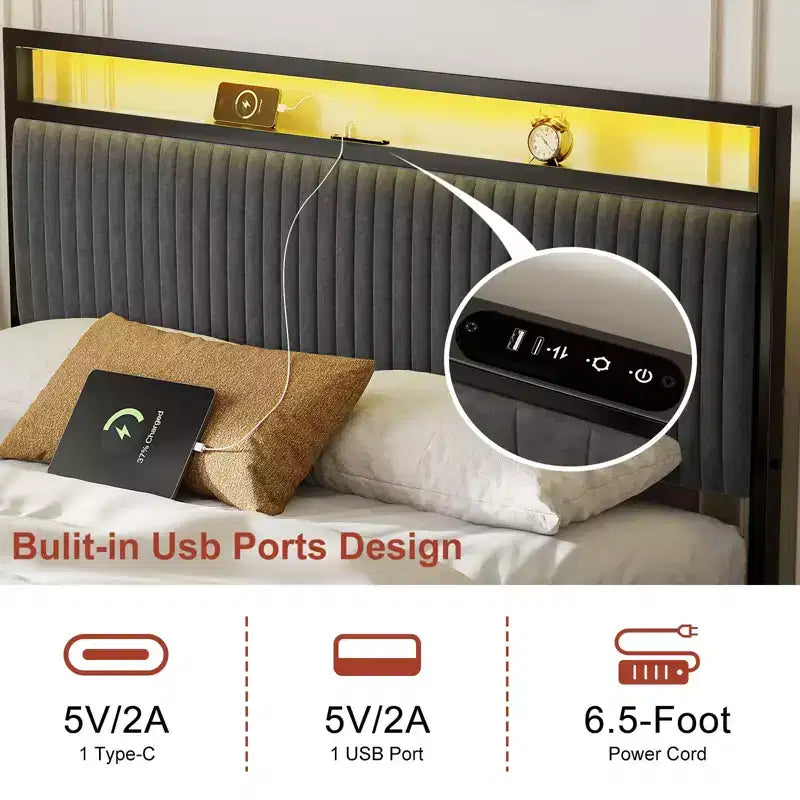 Cadre de lit rembourré avec 2 tiroirs de rangement, tête de lit LED et ports USB, gris foncé