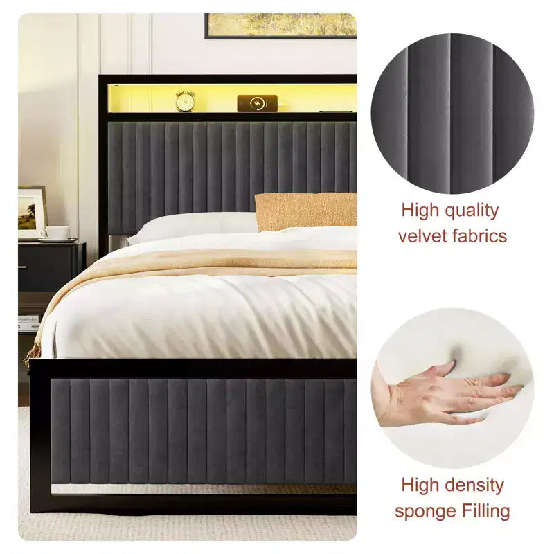 Cadre de lit rembourré avec 2 tiroirs de rangement, tête de lit LED et ports USB, gris foncé