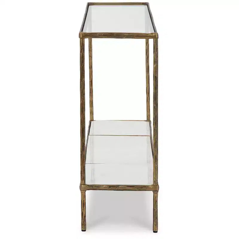 Console en laiton antique, avec plateau en verre et étagère en marbre