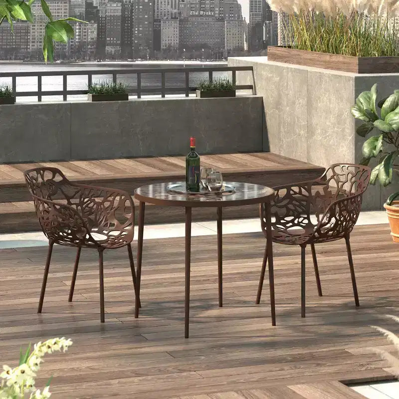 Table de salle à manger moderne 31 po style bistrot, base en aluminium motif arbre, plateau en verre trempé