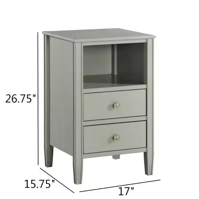 Table de chevet avec 2 tiroirs de rangement et étagère ouverte, Gris