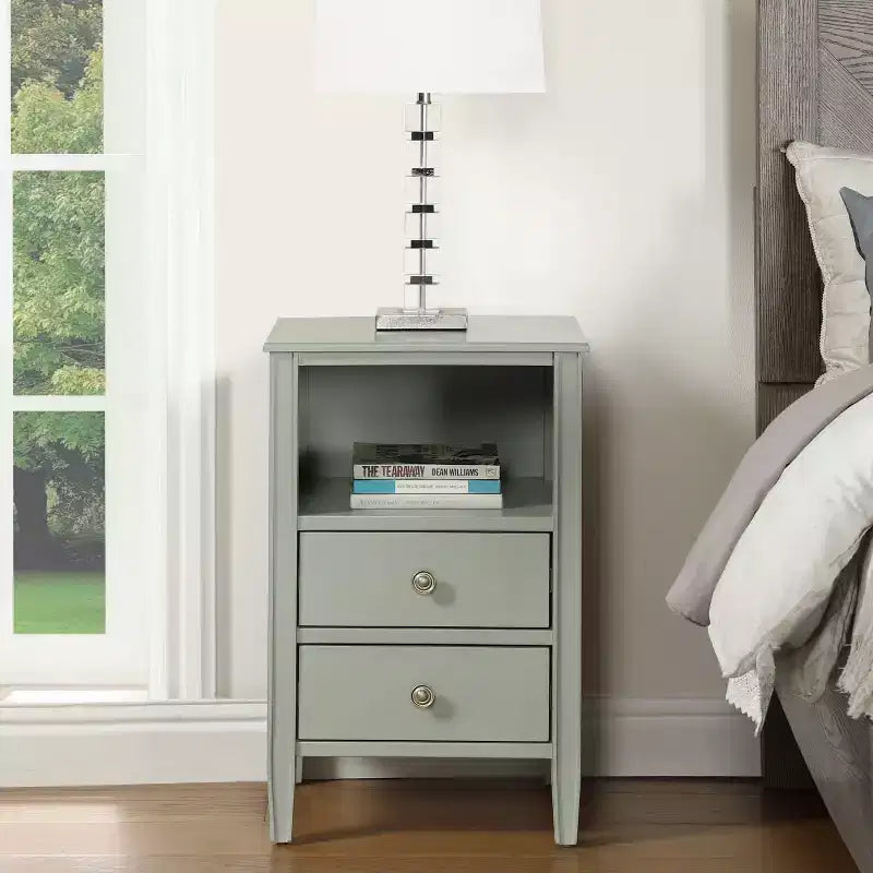 Table de chevet avec 2 tiroirs de rangement et étagère ouverte, Gris