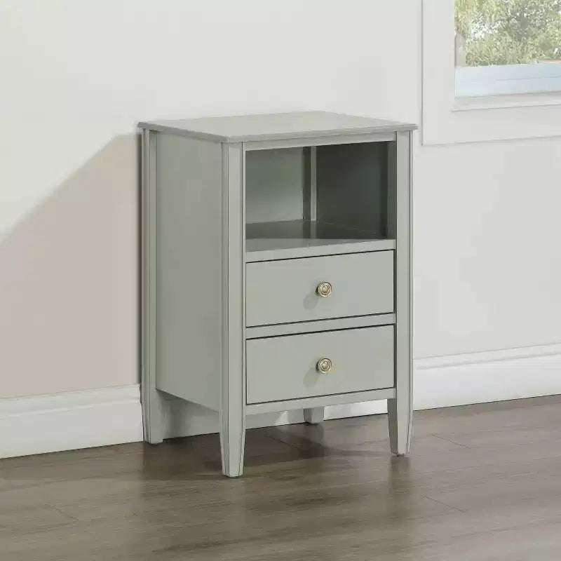 Table de chevet avec 2 tiroirs de rangement et étagère ouverte, Gris