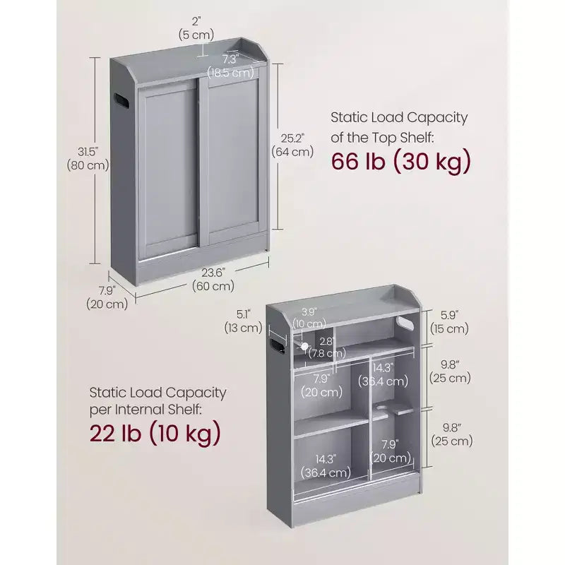 Meuble de rangement de salle de bain fin avec portes coulissantes et étagères réglables