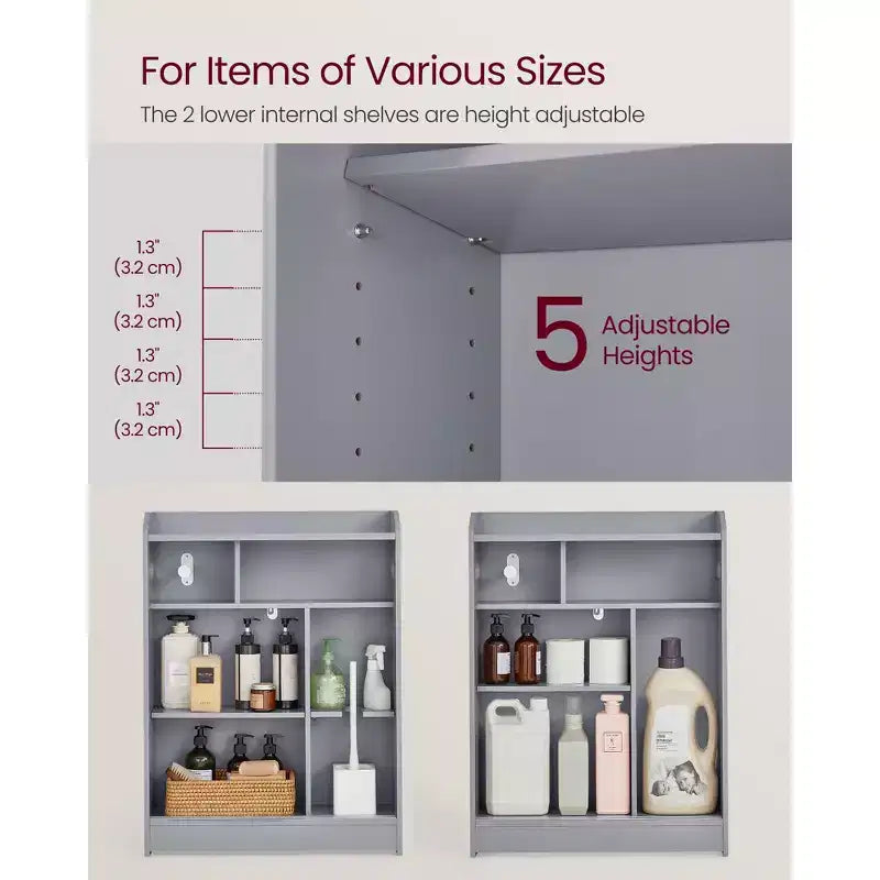 Meuble de rangement de salle de bain fin avec portes coulissantes et étagères réglables