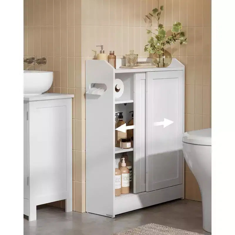 Meuble de rangement de salle de bain fin avec portes coulissantes et étagères réglables