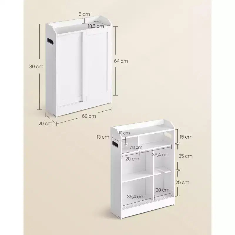 Meuble de rangement de salle de bain fin avec portes coulissantes et étagères réglables