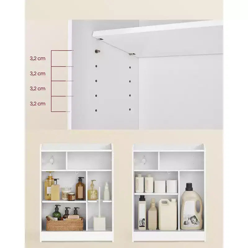 Meuble de rangement de salle de bain fin avec portes coulissantes et étagères réglables