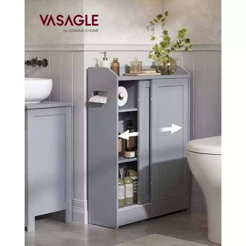 Meuble de rangement de salle de bain fin avec portes coulissantes et étagères réglables