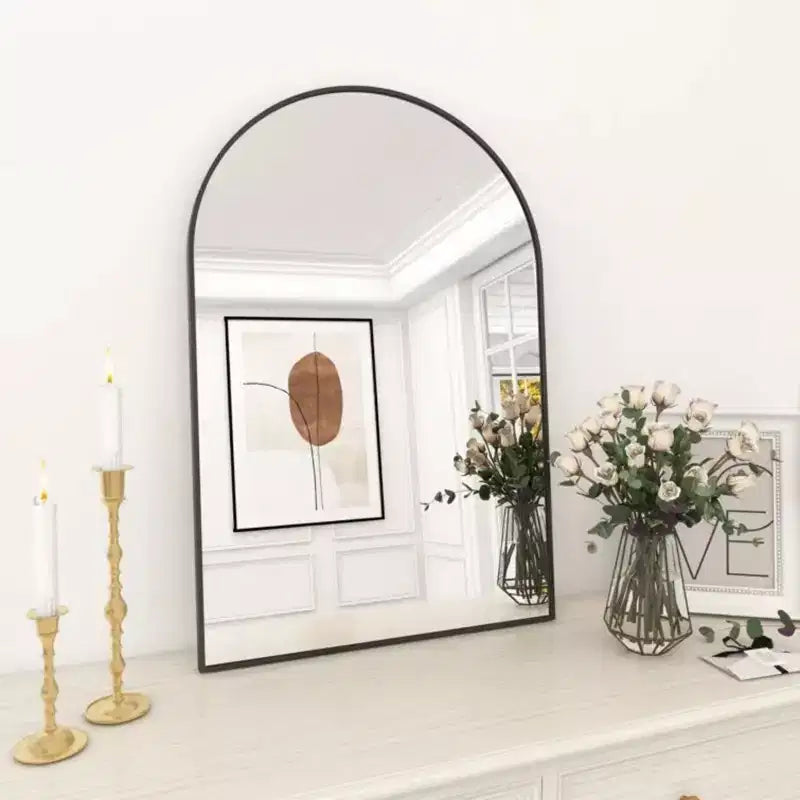 Miroir de cheminée arqué 24 x 36, Noir/Doré - Cadre métallique, Fixation murale, Décor moderne