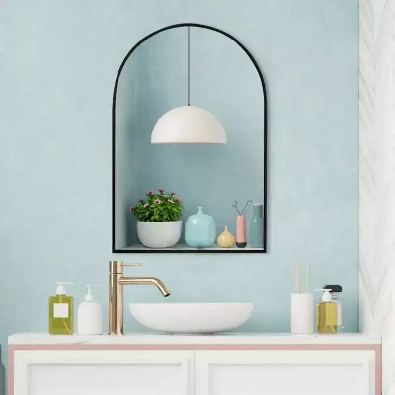 Miroir de cheminée arqué 24 x 36, Noir/Doré - Cadre métallique, Fixation murale, Décor moderne