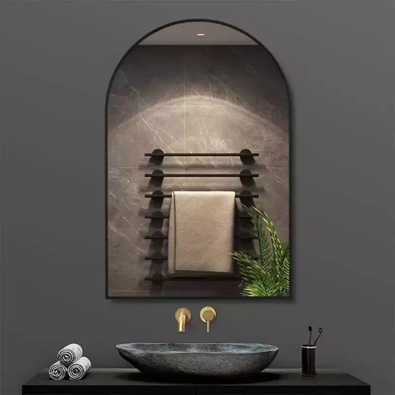 Miroir de cheminée arqué 24 x 36, Noir/Doré - Cadre métallique, Fixation murale, Décor moderne