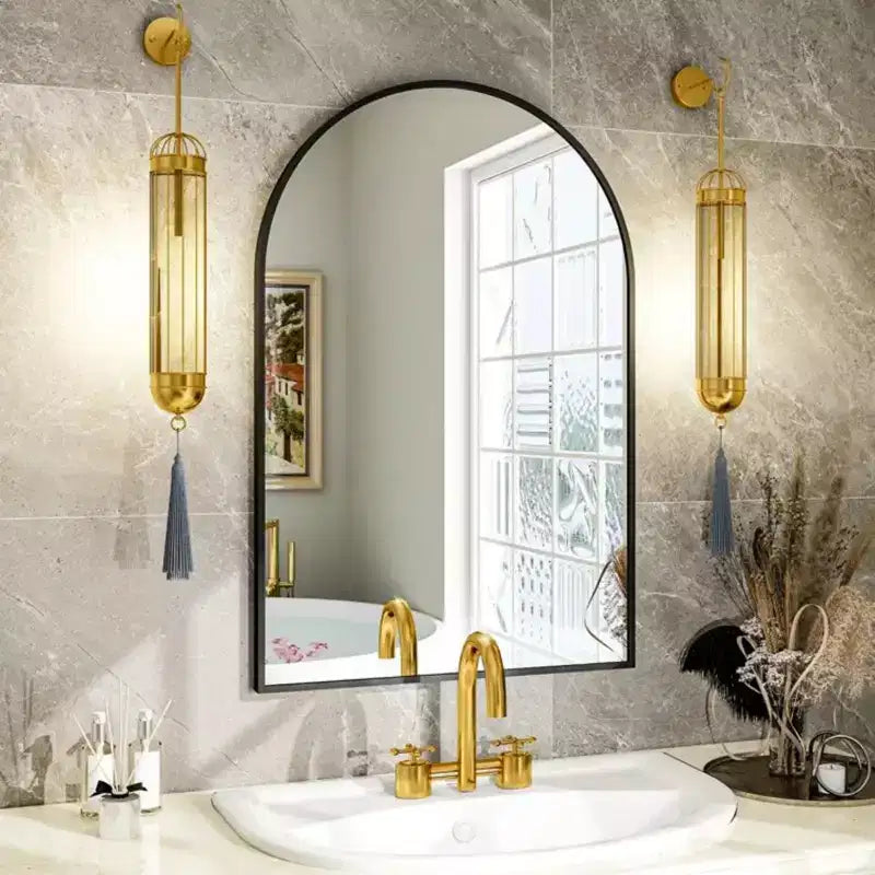 Miroir de cheminée arqué 24 x 36, Noir/Doré - Cadre métallique, Fixation murale, Décor moderne