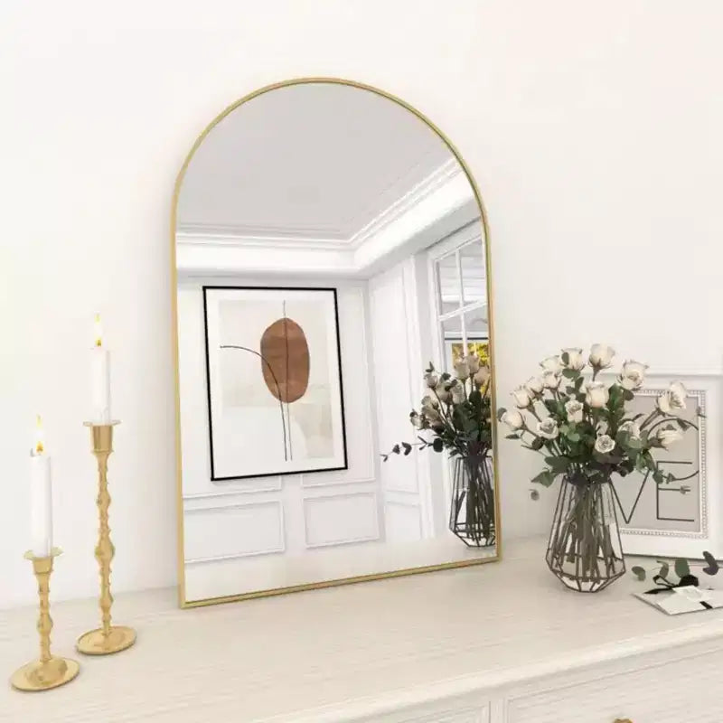 Miroir de cheminée arqué 24 x 36, Noir/Doré - Cadre métallique, Fixation murale, Décor moderne