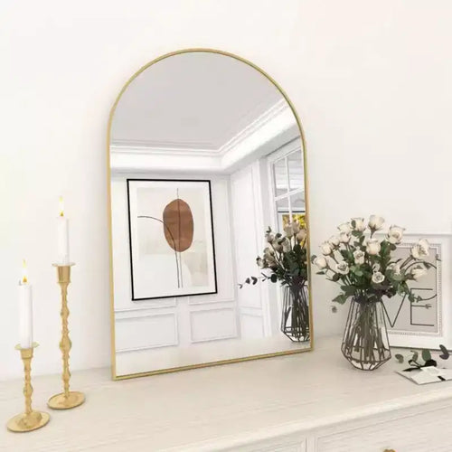 Miroir de cheminée arqué 24 x 36, Noir/Doré - Cadre métallique, Fixation murale, Décor moderne